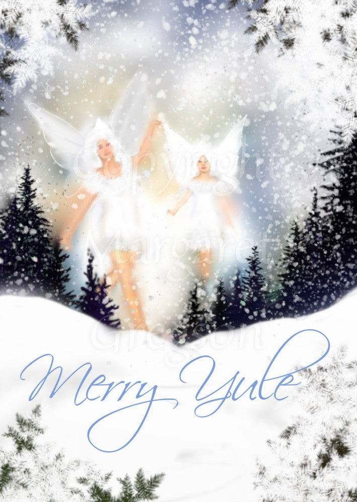 Two white-winged fairies in white dresses dance towards the viewer over snowy ground. It's snowing heavily, and spruce trees can be seen in the background. "Merry Yule" is written across the bottom in a decorative font.