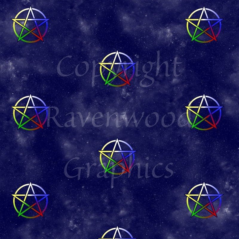 A repeating pattern consisting of a pentagram which is multi-coloured, starting white at the top, then clockwise through blue, red, green and yellow. The background is dark blue with stars.