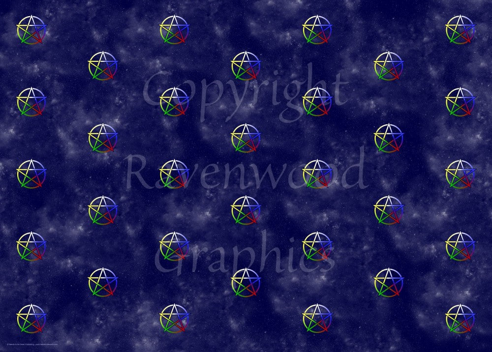 A repeating pattern consisting of a pentagram which is multi-coloured, starting white at the top, then clockwise through blue, red, green and yellow. The background is dark blue with stars.