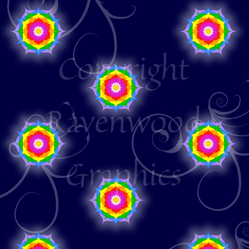 A repeating pattern consisting of a colourful mandala (a repeating circular pattern) in rainbow colours. The background is dark blue with a swirly pattern.