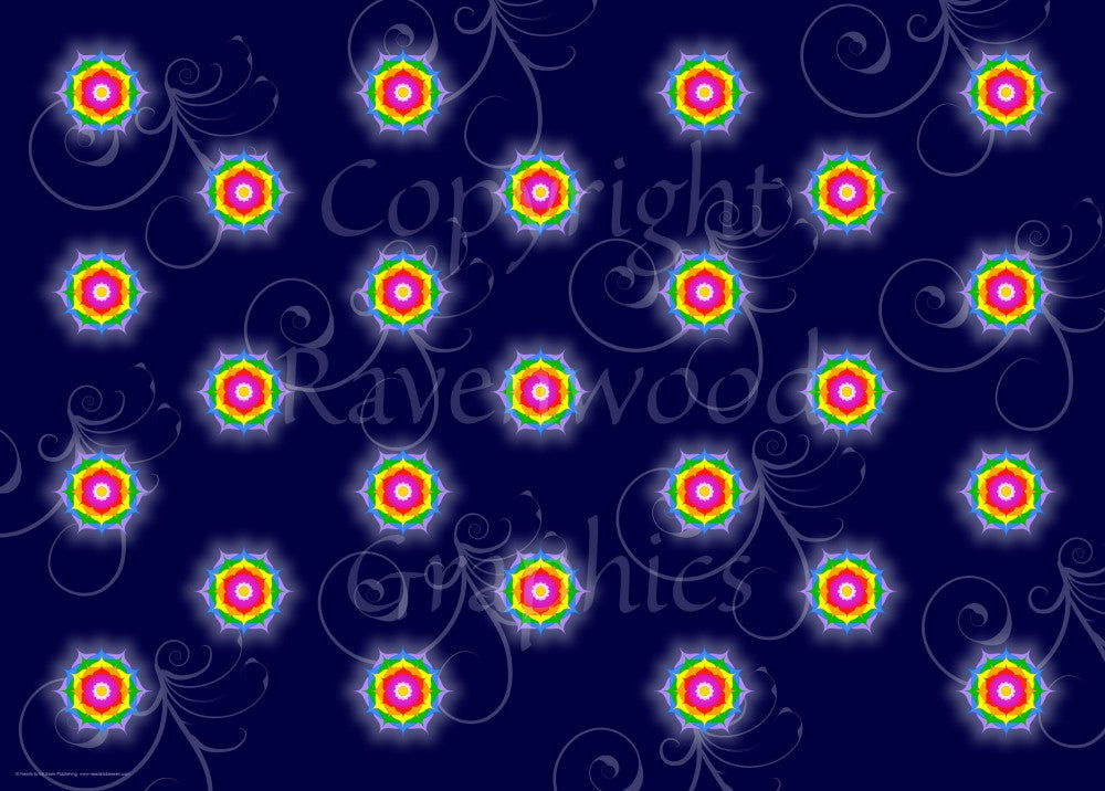 A repeating pattern consisting of a colourful mandala (a repeating circular pattern) in rainbow colours. The background is dark blue with a swirly pattern.