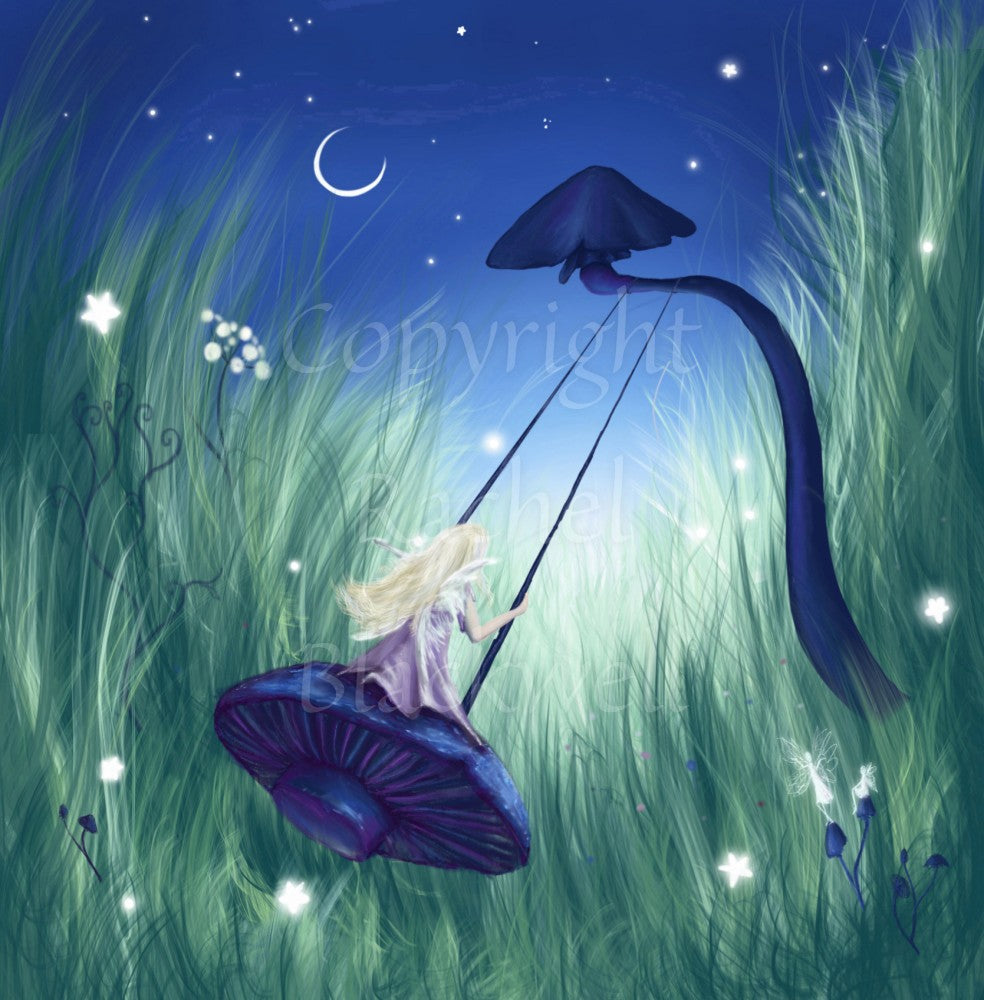 A blond-haired fairy in a pink dress sits on a swing, swinging high and nearest the viewer. The swing is made from the cap of a deep blue mushroom. The swing is suspended from another blue mushroom, its curved stem pointing towards the starlit night sky. The swing is set in deep grass, which fills the scene from left to right.