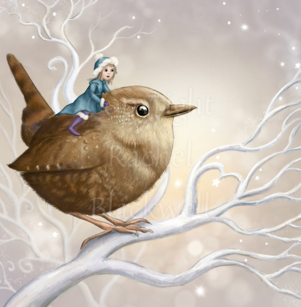 A smiling fairy in a mid-blue coat and hat and purple boots sits on the back of a wren. The wren sits on a white branch. Apart from the fairy, colours are browns and whites.