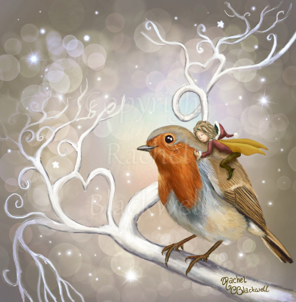 A robin perches on a white leafless branch. Twigs twist and curl from the branch, one forming a heart shape. A fairy with mustard-coloured wings and wearing red and brown, and a santa hat, holds onto the back of the robin, eyes closed and looking content. The background is mid-brown with stars and bubbles. 