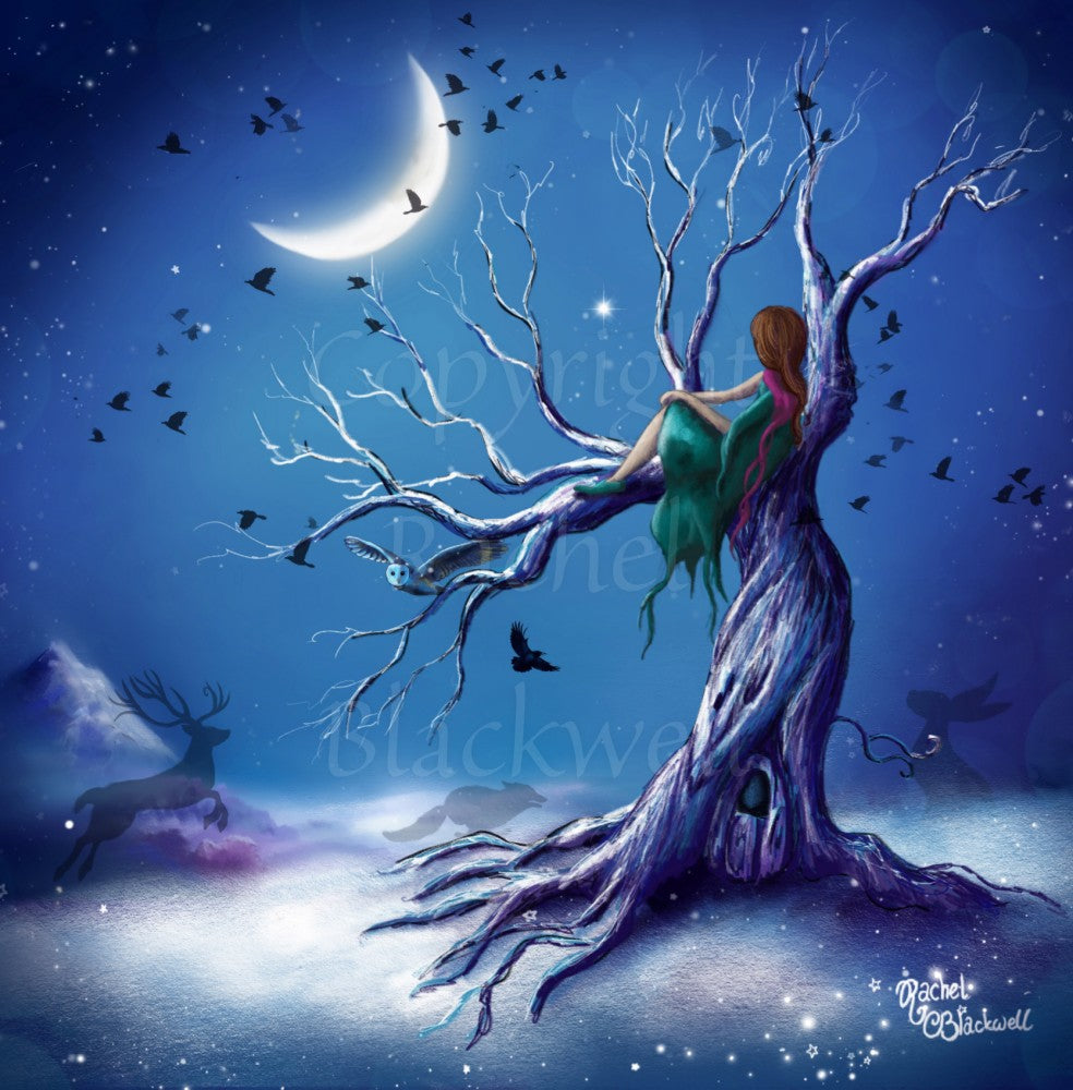 A girl with long red hair and wearing a deep green dress, sits in the branch of a leafless tree, looking away from the viewer into the distance. There's snow on the tree and the ground. The tree has a twisted trunk with a small door at the bottom. A crescent moon shines over a starlit midnight blue sky. Birds fly in every direction, a barn owl hunts beneath the tree, and ghostly silhouettes of a stag, hare and running fox can be seen. Colours are rich blues and purples.
