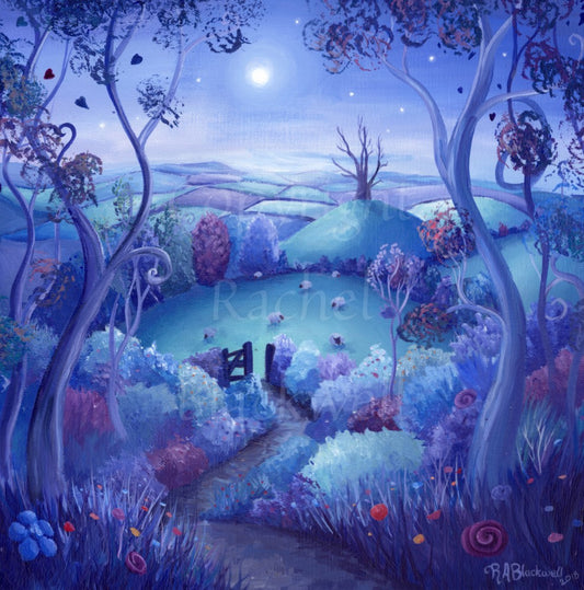 A path out of woodland leads away down a slope towards an open gate. Beyond the gate, sheep graze in a field, and beyond that there's a steep hill with a large dead tree on top. A patchwork of fields can be seen in the distance. A full moon shines in a mid-blue, starlit sky. The design is very colourful, with teal, purple, pink and blue hedges, trees, and fields. 