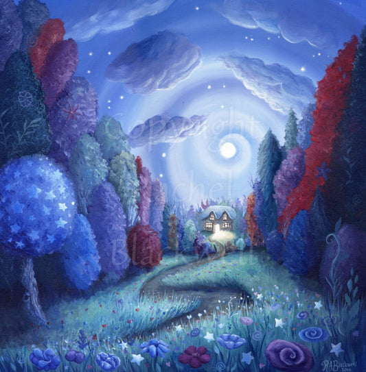 A winding path through long grass dotted with flowers ends in a double fronted thatched cottage. Light streams from the open door. The path is lined with brightly-coloured tall trees, and flowers bloom across the bottom of the design. Behind the house, a full moon shines, a spiral pattern in the mid-blue sky flows out from the moon, and clouds are dotted overhead. This is a very colourful design of teal, red, blue and green.
