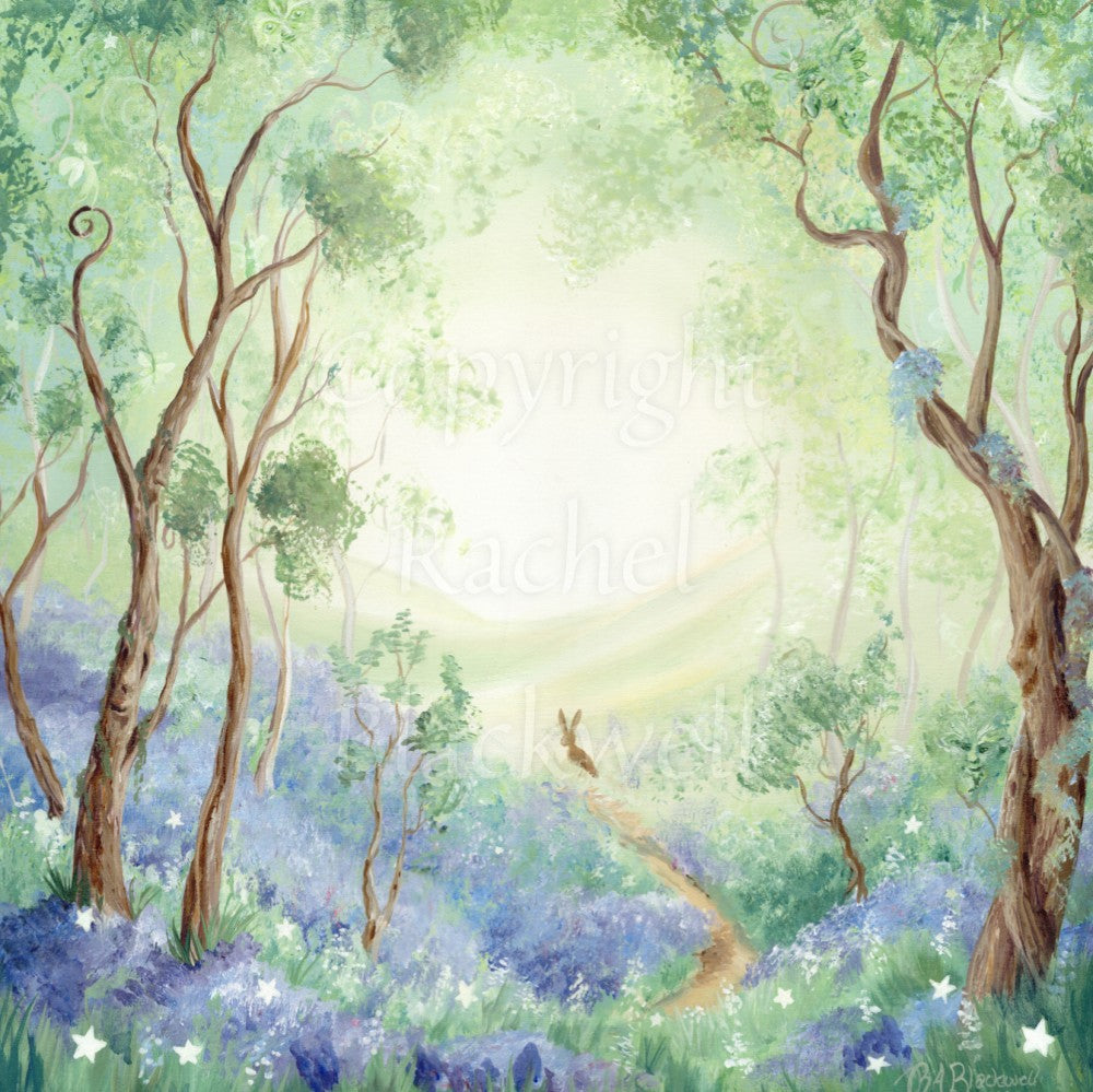 Trees reach upwards either side of a narrow winding path in woodland, the ground beneath them covered in bluebells. The path ends in the mid-distance, where a hare is sat. Beyond the hare, the trees open out to show hills in the distance. Colours are greens, blues and browns.