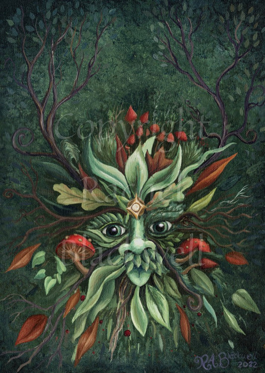 A pair of green eyes, with prominent nose beneath, is surrounded by red and green leaves radiating out from the central face. Red toadstools grow out from his cheeks and the top of his head. Two delicate tree branches protrude like antlers. The background is dark green.
