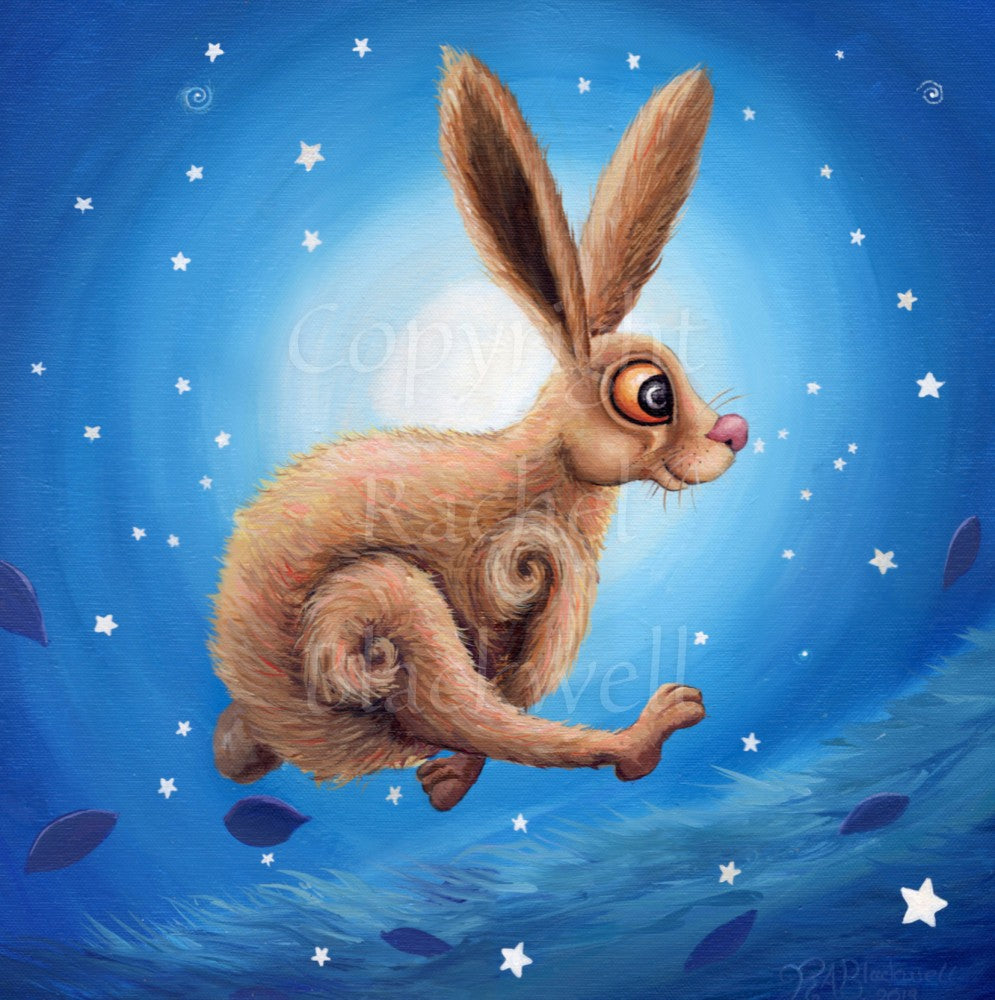 A cartoon-like hare with huge orange eyes, pink nose and brown shaggy fur dashes across the design from left to right. He's running so fast that his front legs reach under his back legs, and his back legs reach in front of his front legs. Behind him, stars shine around a glowing halo of white, fading to blue away from the centre. Grass and leaves are stirred up beneath him as he passes.