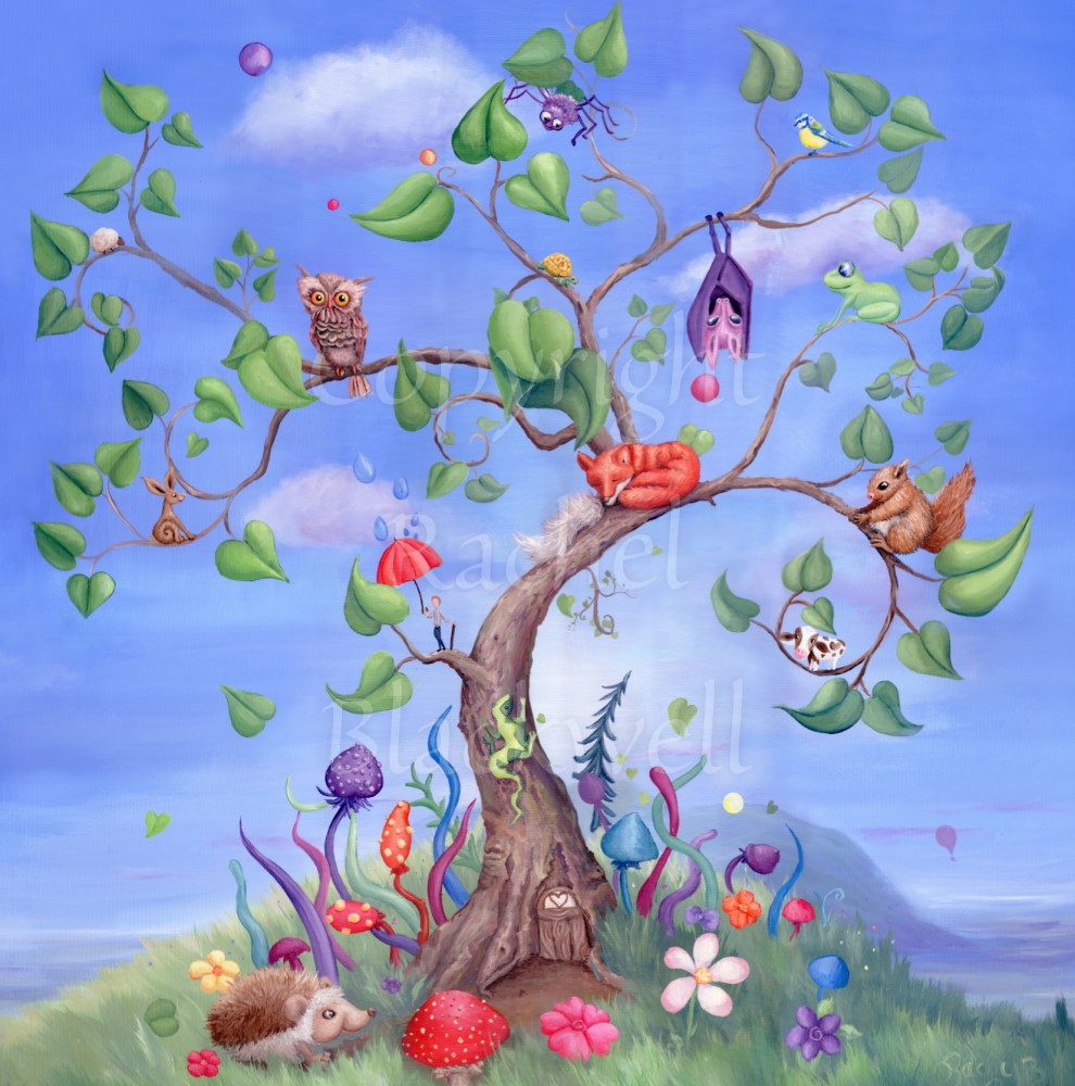 A tree with a curved trunk, curly branches and large green leaves, rises against a blue sky. Sitting on the branches are number of animals, including a fox, bat, spider, squirrel and owl. Also a tiny person holding an umbrella, and a very small cow! A fairy door can be seen at the foot of the tree, along with a hedgehog and colourful flowers and toadstools.