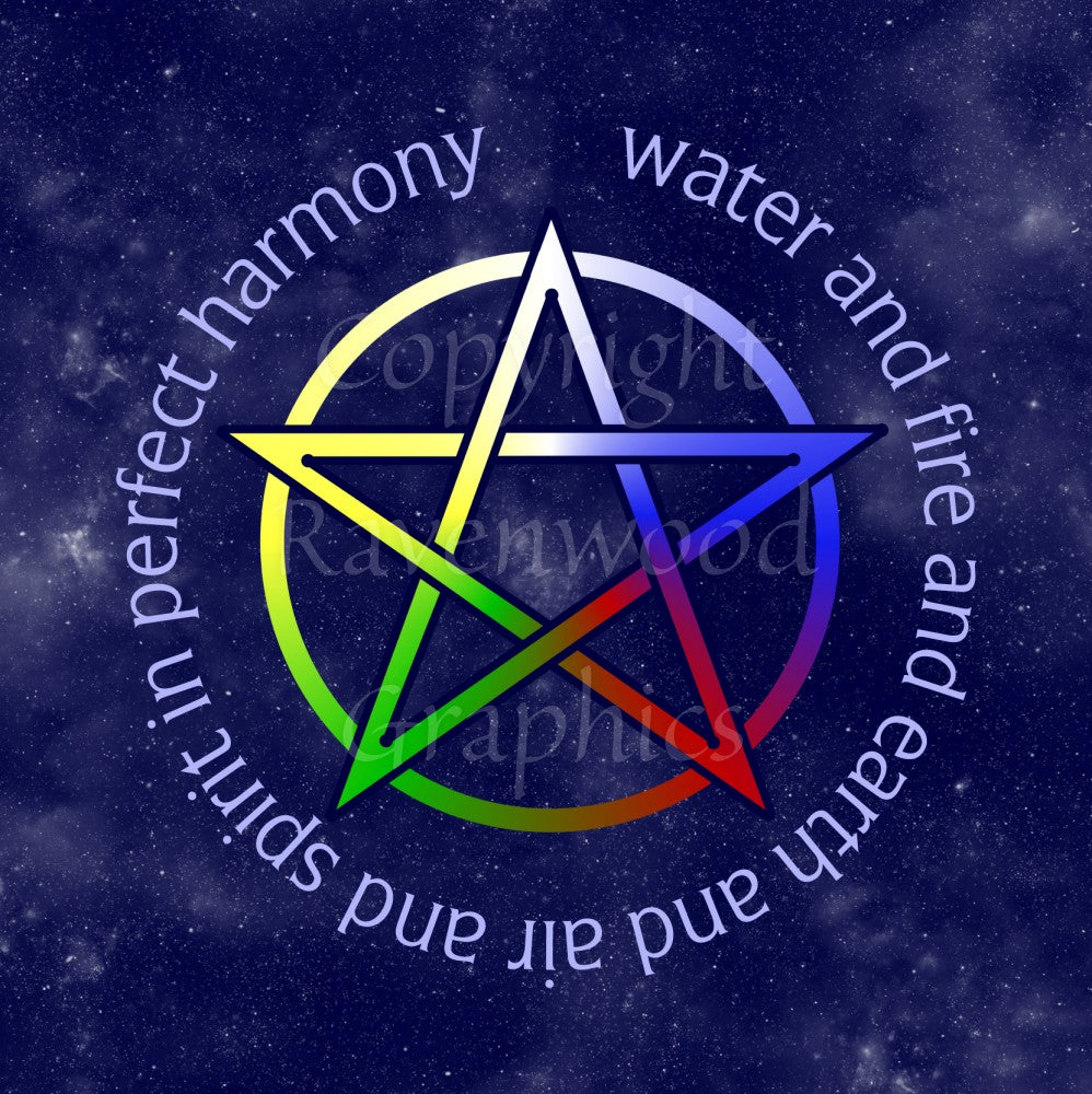 Illustration of a pentagram with the words "water and fire and earth and air and spirit in perfect harmony" in a circle around it. The pentagram is multi-coloured, starting white at the top, then clockwise through blue, red, green and yellow. The background is dark blue with stars.