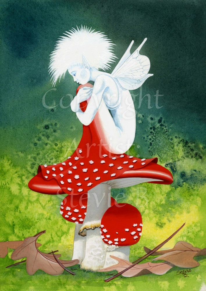 A white fairy with spiky hair and small butterfly wings sits on a red and white toadstool, their knees drawn up to their chin and their arms wrapped around their knees. The fairy's lower legs flow into a red blanket with white dots with the appearance of a common toadstool, and the blanket is either the top layer of the toadstool being pulled up, or the fairy forms the top layer of the toadstool. The background is shades of yellow, green and turquoise, forming leaves and sky.