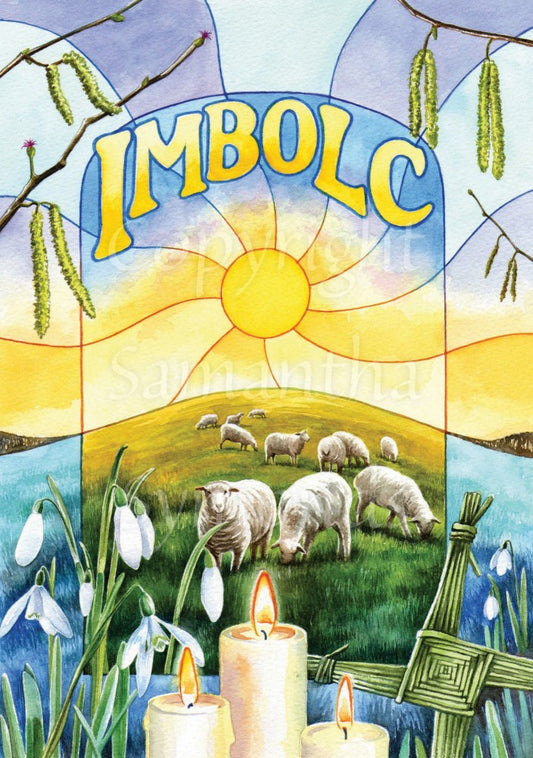 The top of the painting shows a pale blue sky, overlaid with hazel catkins and flowers. "Imbolc" is written across the sky. In the middle, sheep graze a field and the sun shines overhead. At the centre of the bottom third are lit white candles, with snowdrops to the left and Brigid's Cross (a cross woven from straw) on the right.