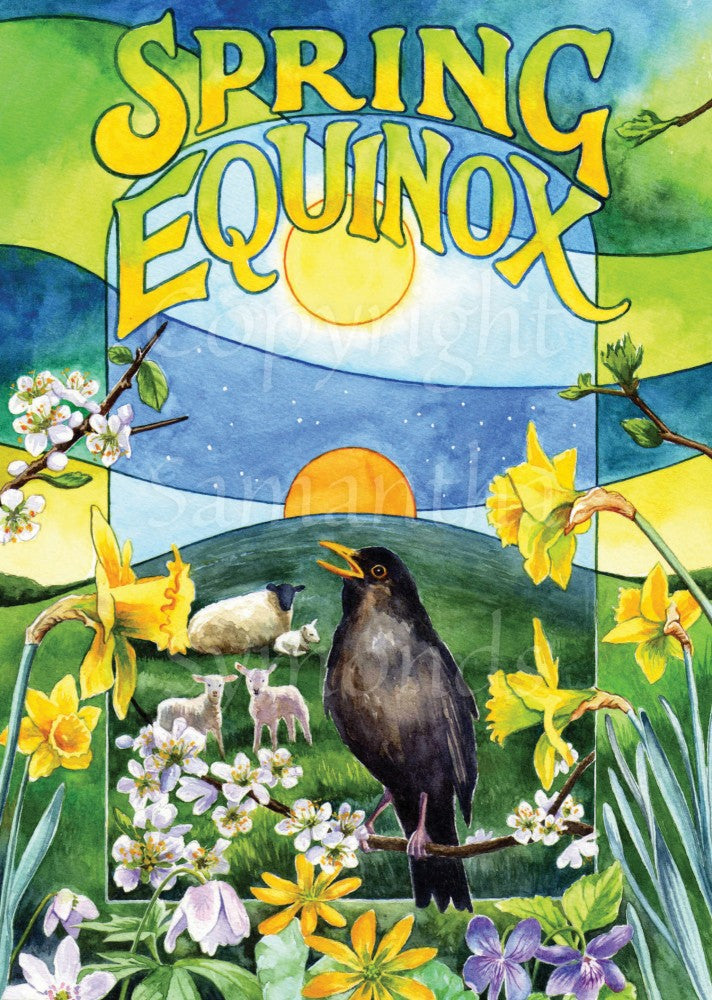 The top of the painting shows a blue, yellow and green sky. "Spring Equinox" is written across the sky. In the middle, an orange sun rises over a hill with sheep and lambs. To the left and right are hawthorn blossom and daffodils. In the centre of the bottom third, a blackbird sits on a branch in blossom. Daffodils and other spring flowers can be seen all around.