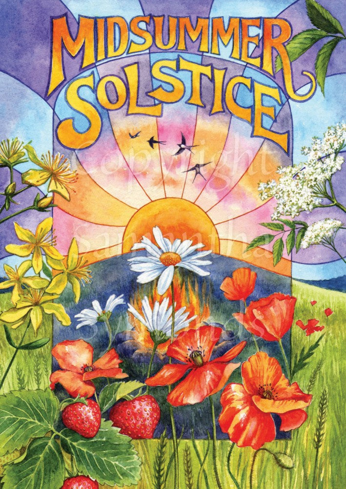 The top of the painting shows a blue and purple sky with "Midsummer Solstice" written across it. In the middle, the sun shines over a field with a lit fire in the centre. Swallows flit overhead, and to the left and right are yellow and white flowers. At the centre are ox-eye daisies and poppies, with strawberries at the bottom left and ears of wheat on the right.