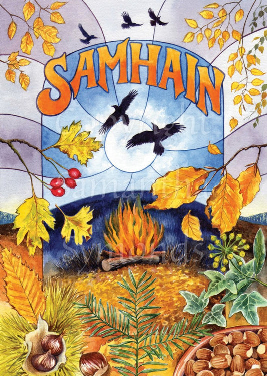 The top of the painting shows a pale purple and blue sky, overlaid with orange autumnal leaves. Three crows or ravens fly over. "Samhain" is written across the sky. In the middle, a log fire burns in front of a small hill with a watery sun and blue sky above. Two more crows/ravens fly over. There are more autumnal leaves and berries to the left and right. In the bottom third lie chestnuts and hazelnuts, a yew branch and ivy.