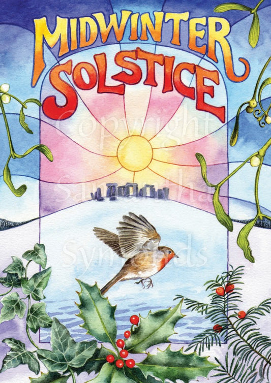 The top of the painting shows a mid to dark blue sky. "Midwinter Solstice" is written across the sky. In the middle, a pale pink and yellow sun rises over Stonehenge. There's mistletoe to the left and right. At the centre of the bottom third, a robin flies from left to right. At the bottom left is ivy, with berried holly in the middle, and berried yew on the right.