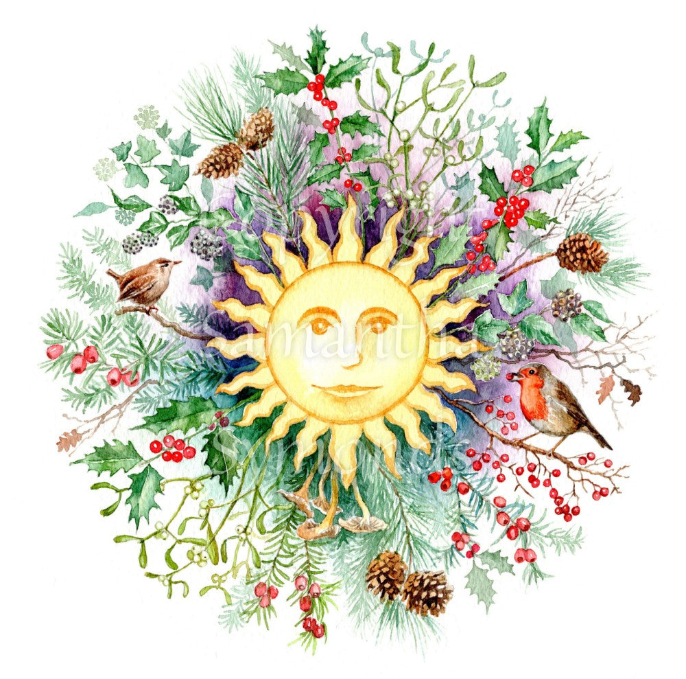 A mandala-style painting dominated by a yellow sun in the centre. The sun has eyes, nose and mouth, and is surrounded by winter leaves and fruits including fir cones, berried ivy and holly, yew and mistletoe. On the left, a wren sits on a bare branch. On the right, a robin sits on a berried branch, one berry in its beak. Colours are greens, browns and reds on a white background.