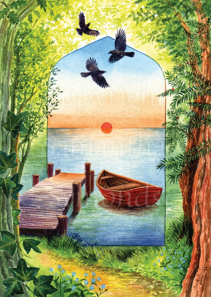 A path leads to a short wooden jetty with a rowing boat tied to it. Across the water, a red sun is setting. Three ravens fly above. Two trees, one an oak with ivy on it, the other a yew, rise up the left and right of the design respectively. Leaves fill the top of the image. Forget me knots sit in the grass at the foot of the oak.