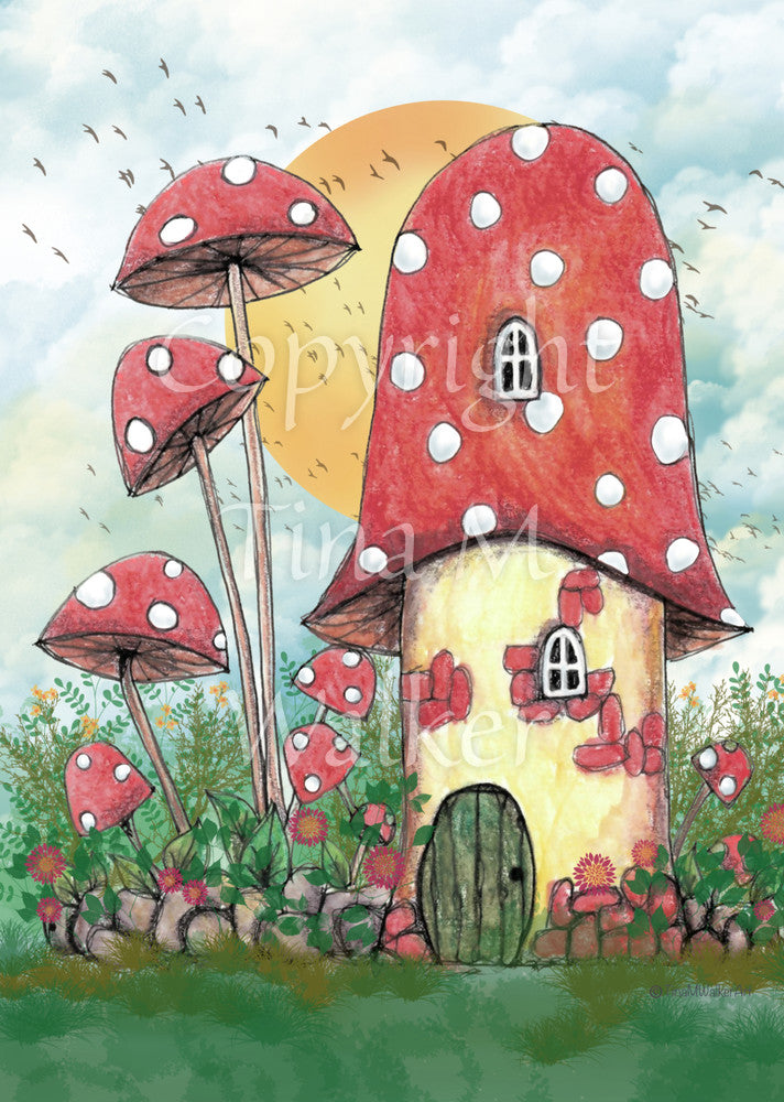 A cream toadstool house with red and white spotted roof, white curved windows, and an oval green door at the bottom. A low stone wall, entwined with leaves and red flowers, extends to each side, behind which is a mass of tall plants, several tall red toadstools on thin stems. An orange sun rises behind the house against a pale cloudy sky, and a flock of birds flies by.