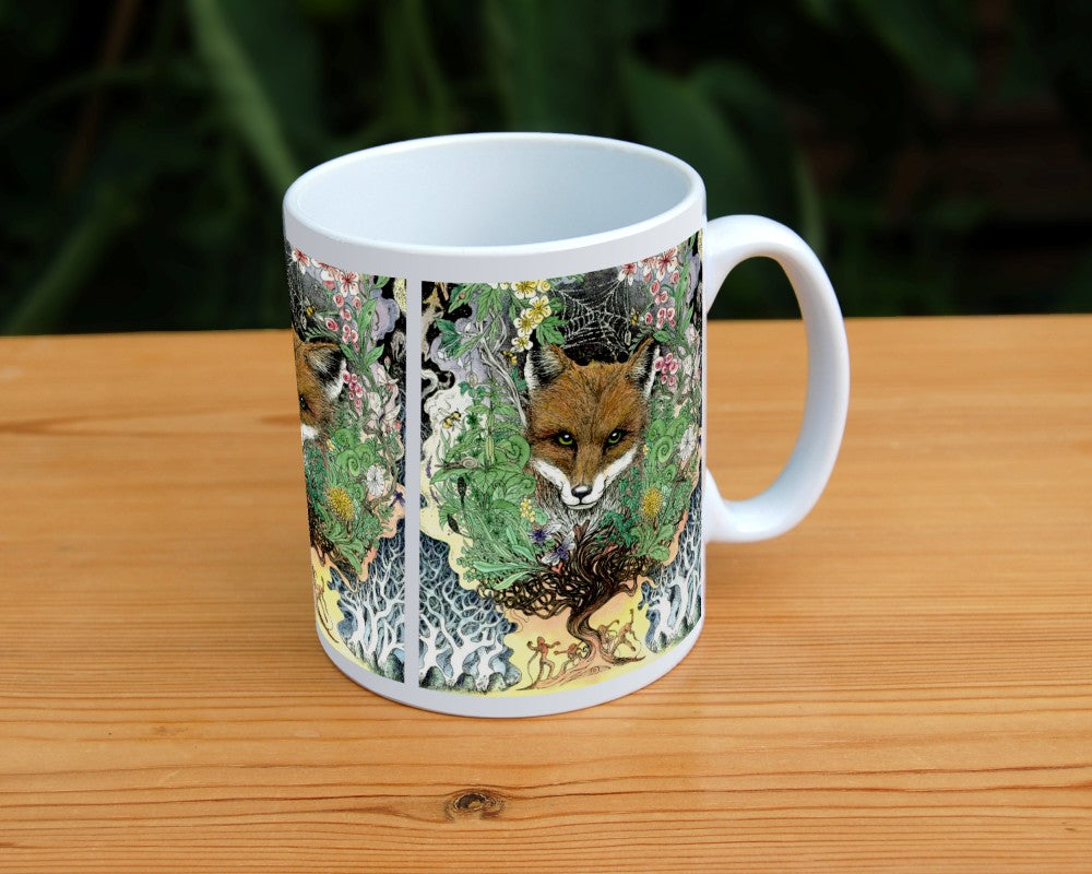 The head of a red fox looks towards the viewer. He's surrounded by a mass of leaves and flowers which rise out from a twisted tree trunk and tangled branches. Figures dance around the base of the tree.