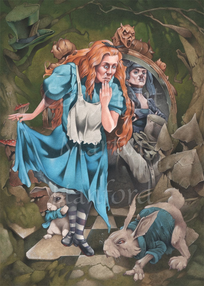 A woman/girl in a blue and white dress, black and white stockings, and long red hair looks down at a white rabbit in a blue top, crouched on the chequered floor in front of her. The fingers of one hand partially lift her skirt, and the fingers of the other are touched to her chin. She looks alarmed. A smaller rabbit holds onto her leg. Behind her, a large mirror shows the reflection of a woman in a black dress, with black hair.