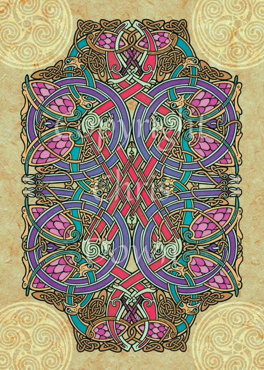 A complex and colourful Celtic design which includes four Celtic circle designs inside a central rectangle of mostly blues, reds, pinks and browns, surrounded by a dark beige background. Four beige Celtic patterns, one in each corner of the design, overlap the central rectangle.