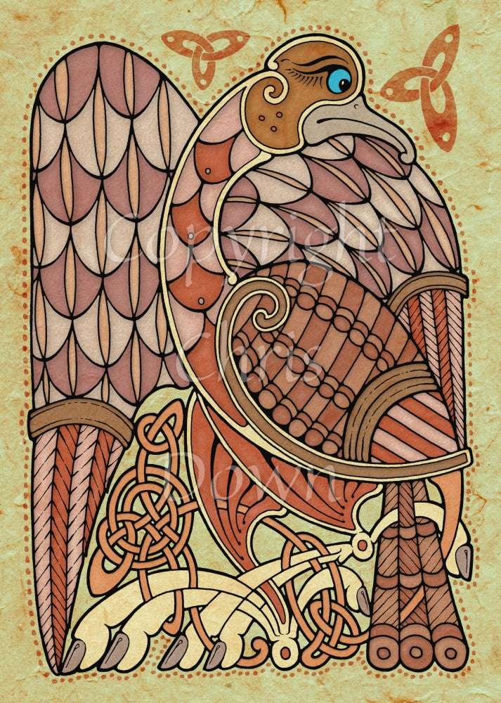 An eagle painted in a Celtic style dominates this work. The blue-eyed bird sits with one wing half-folded down to the left. The other wing is tucked in under his head, which faces to the right. Colours are brown, red and beige, on a dark beige background.
