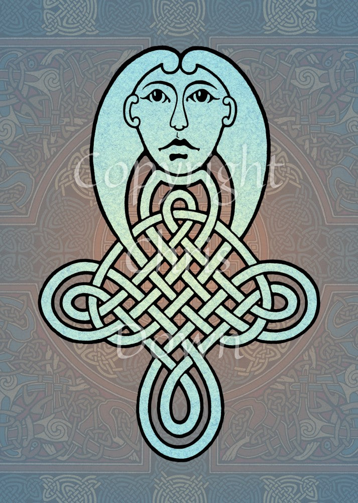 A pale blue four-corned Celtic knot with a simple human head design above. Part of the knot opens out to form hair for the head. The background is a blue and brown faded complex Celtic design.