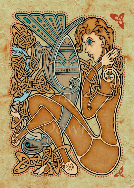 A woman drawn in Celtic style dominates the design. She is seated on the ground, knees up and legs crossed, facing to the left. In front of her, upside down, its neck entwined through her legs with its head downwards, is a brown and blue bird. Colours are browns and blues.