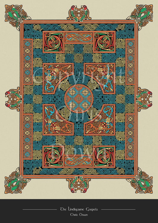 An intricate rectangular design incorporating dozens of Celtic knots, with Celtic-style animals around the perimeter. Colours are orange, beige and blue.