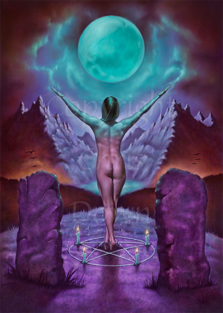 A naked woman stands with her back to the viewer, on her toes with one foot slightly in front of the other, and arms upwards and outstretched towards a large, blue, glowing full moon, which rises above a distant mountain pass. Her arms and shoulders, and the clouds around the moon, glow from the light of the moon. She stands in the centre of a pentagram with lit candles at the points. To the left and right, nearest the viewer, are two standing stones. Colours are rich reds, purples and blues.