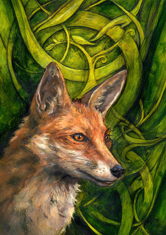 The head and neck of a red fox, their face angled towards the front right. The background consists of swirls of branches and leaves in a rich green colour.