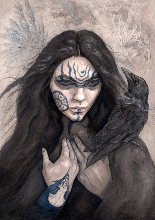 The head and shoulders of a woman with a raven sitting on her shoulder. She has long dark hair and her face is decorated with patterns in blue paint. Her hands are held together against her body. On her wrist she wears a blue band with a raven skull attached. The background is a mottled brown with feathers and swirls drawn within.