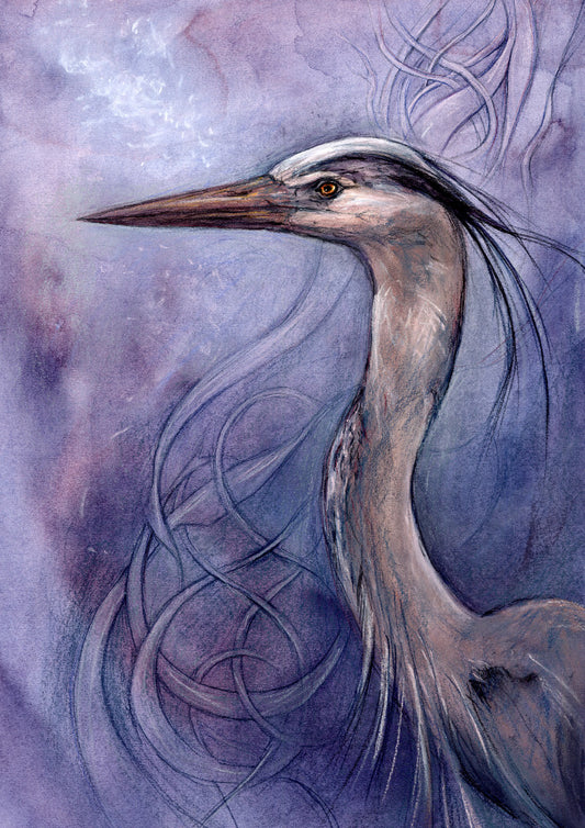 A sideways view of the head and neck of a heron. The background is a mottled purple with a swirl pattern.