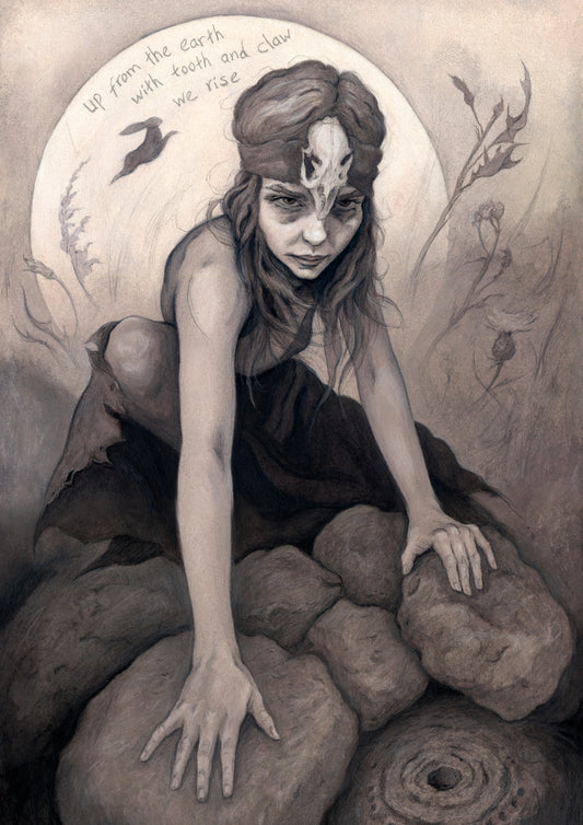 A young woman crouches on a pile of stones, her hands resting on stones in front of her. In front of the stones, a little lower down, is a stone with a round hole in it surrounded by a circular pattern. The woman wears a headband with a raven skull attached to the front. A full moon rises behind her, and a silhouette of a hare leaps in front of it. An inscription over the moon reads: Up from the earth with tooth and claw we rise. Stems and flowers fill the rest of the scene. 