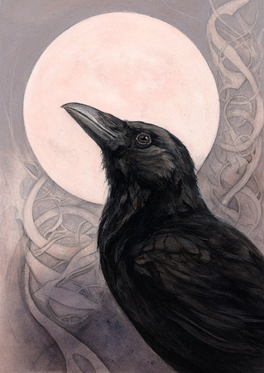 The head and body of a raven standing facing towards the left, head tilted upward, behind which is a full moon. The background consists of swirls in a pale pink-brown colour.