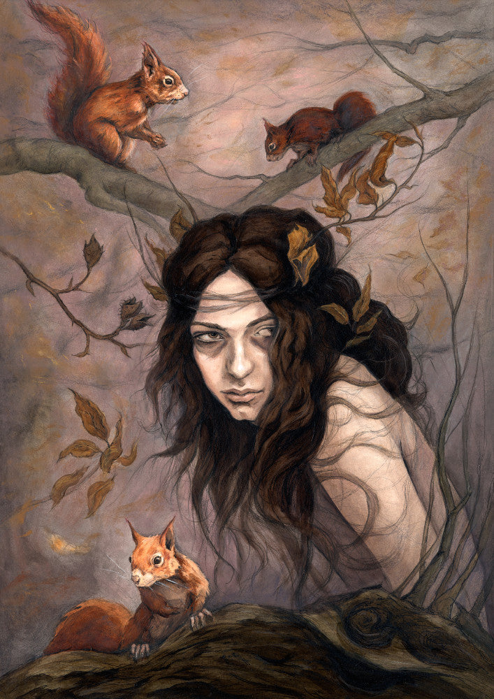 The head and body of a young woman appears above a thick tree branch, on which sits a red squirrel. Two more squirrels crouch on a branch above her. The woman is turning her head as if to look behind her. She has long brown hair with leaves stuck in it. Autumnal leaves and branches fill the scene. Colours are reds, oranges and browns.