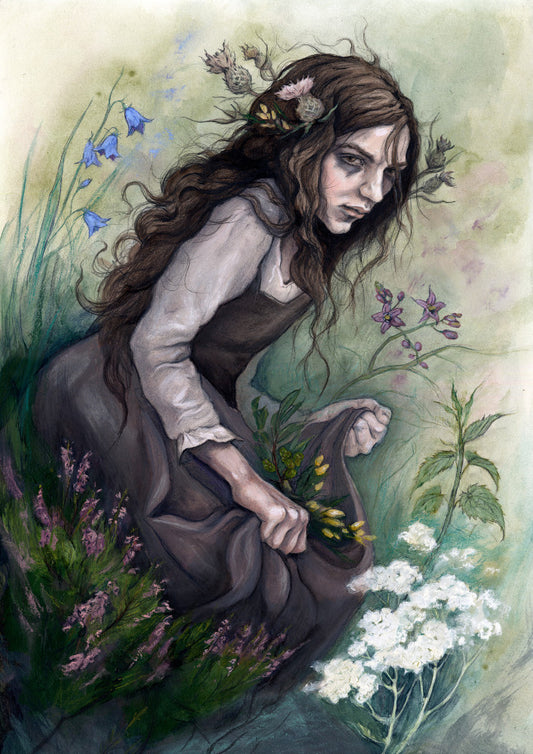 A young woman wearing a long brown sleeveless dress with a pale long sleeved top underneath, is surrounded by flowers as she kneels on the ground. The front of her dress is gathered in her hands to form an apron containing sprigs of bog myrtle and yellow gorse flowers. Heather grows next to her. Behind her are harebells, with woody nightshade to the other side and nettles and yarrow to the front. Thistles appear to be tied into her long brown hair.