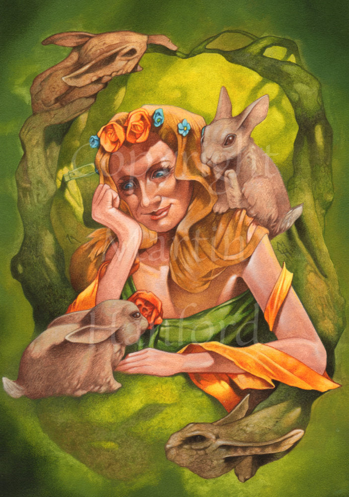 A woman, sitting as though at a table with only her top half visible, is surrounded by hares. One sits in front and one on her shoulder. Two others appear to be part of an organic design surrounding her. The woman has flowers in her long orange hair. She has her chin resting on one hand, with the other flat in front of her, and is gazing at the hare in front of her. The background and surroundings are shades of green.