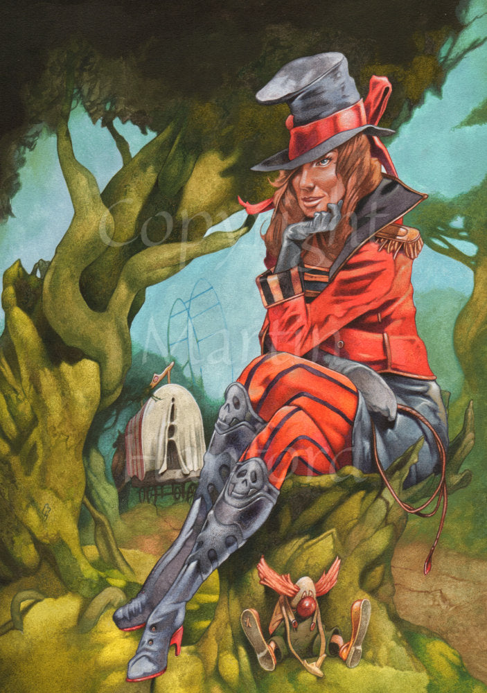 A red-haired woman sits on a tree stump, legs crossed and her head in her hand. The back of a canvas-covered horse drawn wagon can be seen on the road behind her. The woman is wearing a red and black coat and trousers, a black top hat with a red bow, black gloves, and black boots with a skull design at the top. She holds a looped whip in her hand, which is across her lap. A tiny clown sits looking forlorn at the bottom of the tree stump. A tree leaning across the image dominates the background.