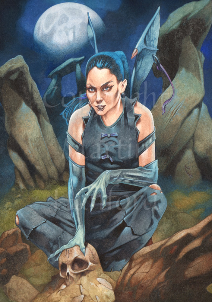 A fairy or demon with short, black wings and black hair crouches near rocks. She has her hand on the top of a skull embedded in the rocky mound in front of her. She wears a long black dress with tears in the knees, and long black gloves which cover clawed hands. Behind her a full moon rises, and standing stones tower behind her.