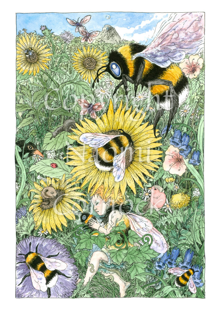 A meadow of green foliage and yellow, blue, pink and purple flowers rises towards a blue sky in the distance. A bee descends towards a central yellow flower. Another bee is already sitting in the middle of it. At the bottom, a fairy with orange hair and bee-coloured dress sleeps while holding a bee. Birds, mice and insects including butterflies are scattered throughout.