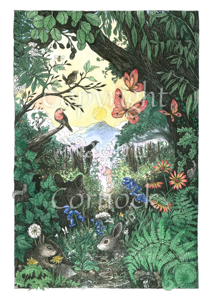 A narrow path leading out of woodland is lined with plants and flowers. Rabbits, hedgehogs and other small creatures are dotted along the path. A fox sits at the far end. A large tree in full leaf looms overhead, and butterflies flit under the branches. Birds sing from the branches of another tree. Mountains and a rising sun can be seen in the distance.