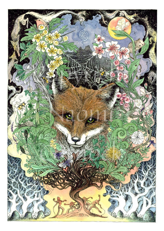 The head of a red fox looks towards the viewer. He's surrounded by a mass of leaves and flowers which rise out from a twisted tree trunk and tangled branches. Figures dance around the base of the tree.