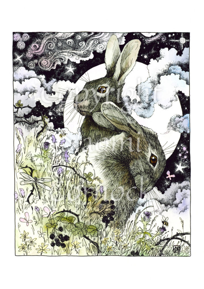 The head and body of two hares, one sitting upright facing to the left, the other, head down, facing right. They're in a meadow full of flowers, berries, butterflies, bees and dragonflies. Behind them a full moon rises surrounded by wispy, swirly clouds.