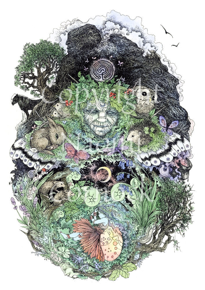 In the upper half of the design, the face of an older woman is surrounded by oak and ivy leaves, an owl, hedgehog butterfly, dragonfly, hare and birds. A labyrinth symbol sits above, and a crescent moon below. In the lower half, the figure of a young girl lies sleeping, surrounded by leaves, bluebells, and unopened ferns. Two mice sit in on a branch above her.