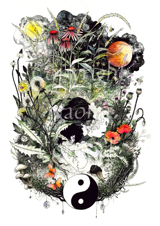 A figure in white with black hair is curled up in the foetal position above a yin-yang symbol. A second smaller figure in black with white hair lies above her. A multitude of plants and flowers surround them, rising upwards towards a sun and moon to the left and right, and red echinacea flowers in the centre.