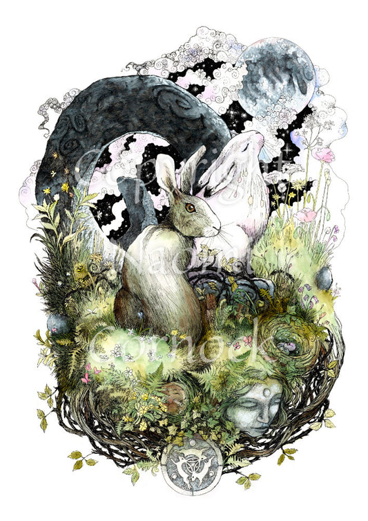 Two hares sit on grass in front of an upright grey circular stone with a large hole in the centre. one of the hares is turning to look towards the viewer, the other has their eyes closed and head tilted upward. A sleeping dormouse, a birds nest containing eggs, ferns and a face can be seen nestled in the grass below them.